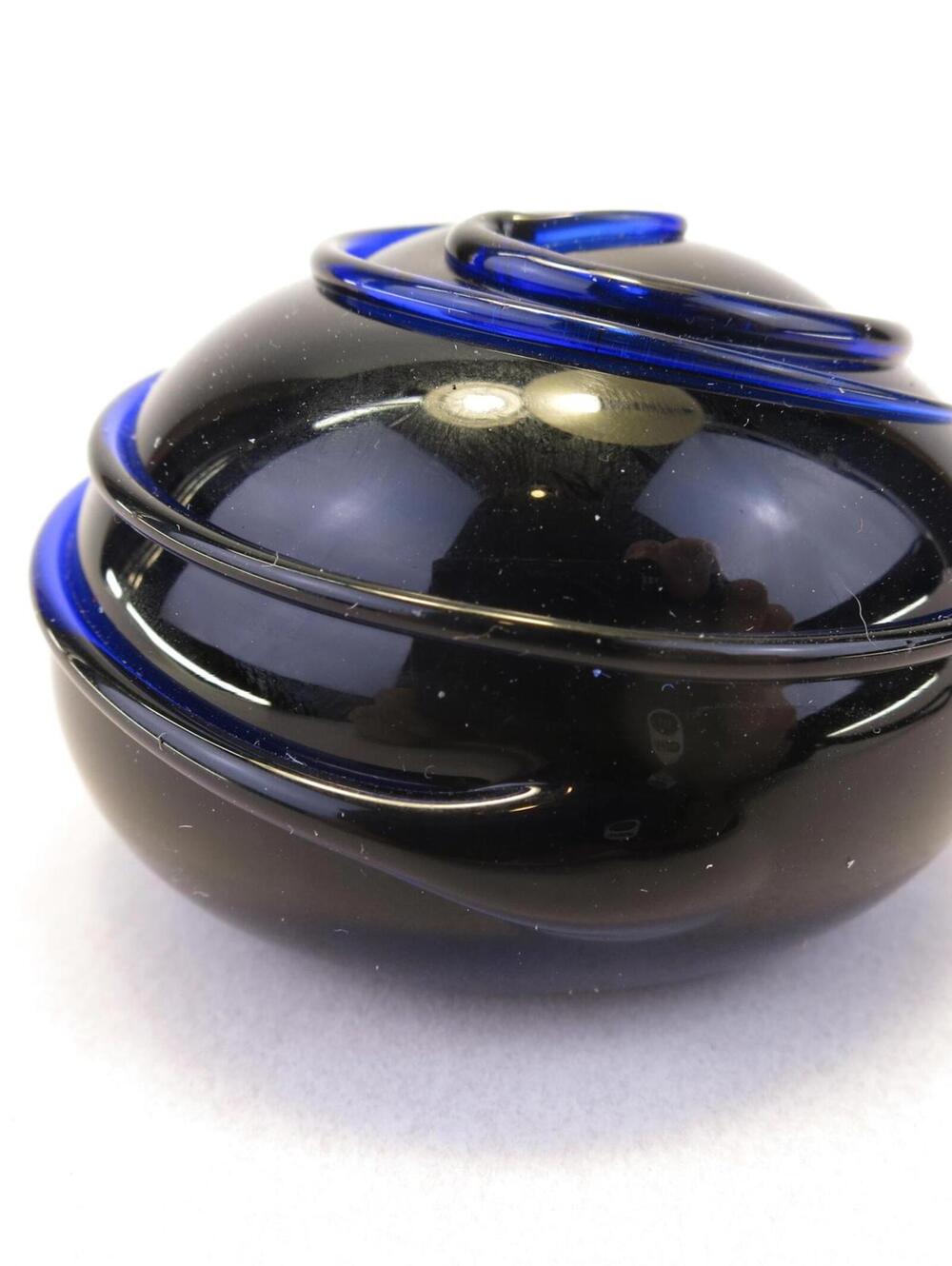 Distinctive Dark Cobalt Blue Stamped Swirl Art Glass Round Paperweight